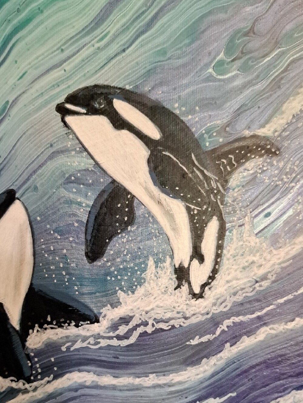 Hand Painted Dynamic Orca Pod Playing in the Waves - Picture 4 of 8
